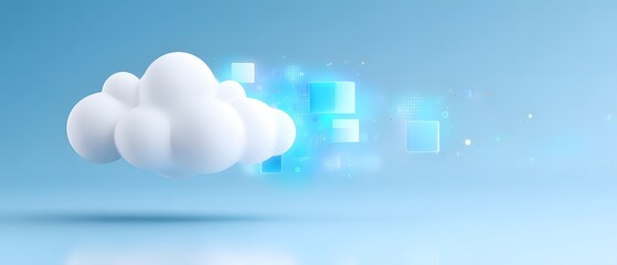 A digital cloud icon emitting glowing data squares, symbolizing cloud computing and data transfer in a futuristic, tech-inspired setting.