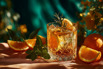 Luxurious cocktail garnished with fresh herbs and citrus fruit in the sunlight