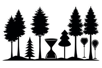 Silhouettes of evergreen trees in a forest setting