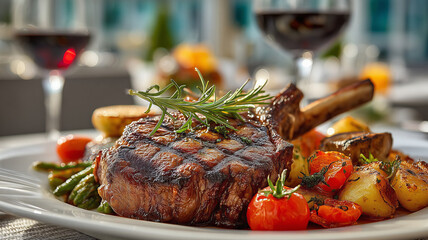 Savoring a succulent steak dinner at a charming restaurant terrace