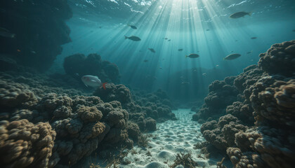 Fototapeta premium Underwater scene showcasing a vibrant coral reef with sunlight filtering through the water, and fish swimming.