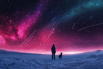 Person and dog stand on snowy plains, gazing at a vibrant night sky full of stars and meteors
