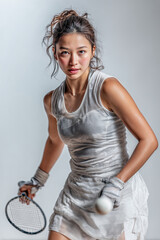 Teenage girl showcases her tennis skills in a dynamic indoor setting