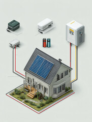 This educational infographic illustrates a solar energy system installed on a residential home, highlighting key components and their connections for optimal energy use and management.