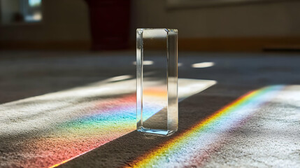 Clear rectangular prism casts vibrant rainbow light patterns on a carpeted floor. Sunlight streams through a window, creating a spectrum of colors on the surface