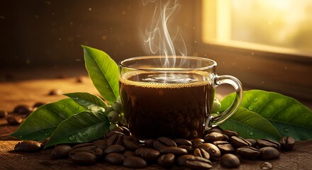 Hot coffee cup with coffee beans