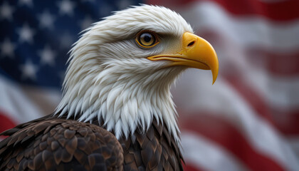 Obraz premium Close-up of a bald eagle, focused portrait against an American flag backdrop.