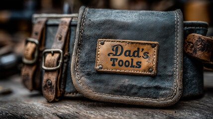 Close-up view of a well-worn tool belt with a patch celebrating craftsmanship