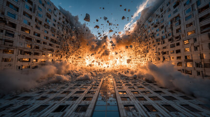 Dramatic explosion of windows creates chaos in residential building at dusk