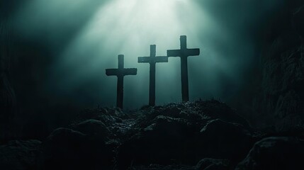 Fototapeta premium Three crosses in a dimly lit, misty landscape.