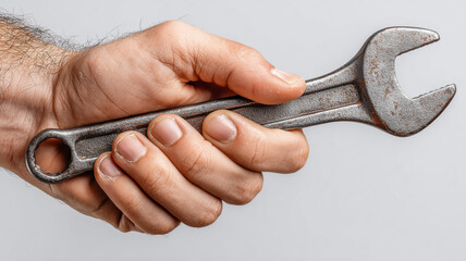 Hand gripping a wrench tool ready for mechanical tasks in a well-lit environment