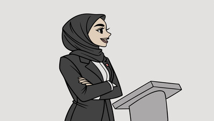 Confident Muslim Woman in Hijab Giving Speech, Anime Style Illustration, Businesswoman, Public Speaking, Leadership