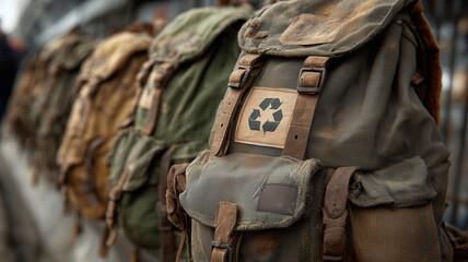 Travelers' backpacks lined up featuring eco-friendly designs and vibrant colors