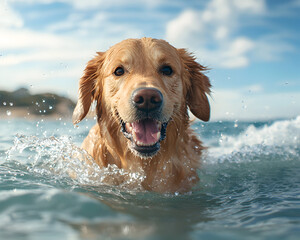 Golden retriever dog happily swimming in ocean with bright sky and clouds in background, showing joy and playful energy