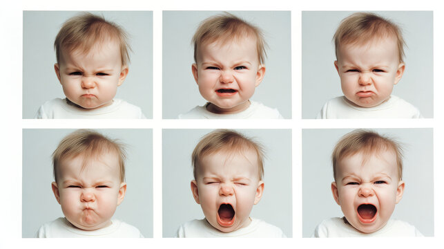 Set of six baby faces each displaying a different emotion