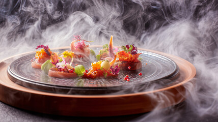 Gourmet culinary artistry with steam rising from a beautifully plated dish