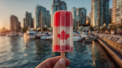 Enjoying a chilled popsicle adorned with the Canadian flag by the waterfront