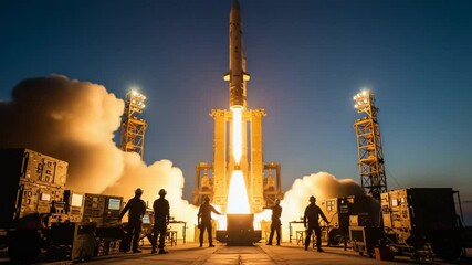 Rocket launch at dusk with engineers monitoring from the ground and equipment nearby