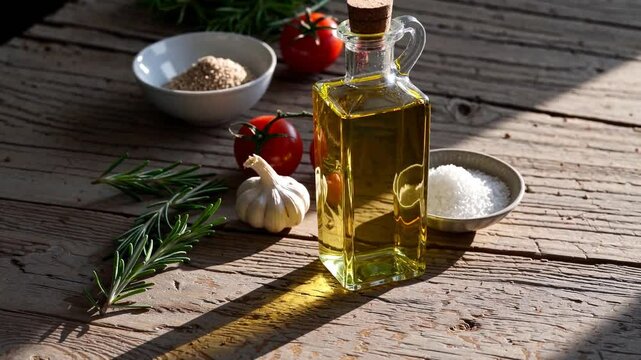 Fresh cooking ingredients on rustic wooden table with olive oil, tomatoes, herbs, and garlic ready for meal preparation
