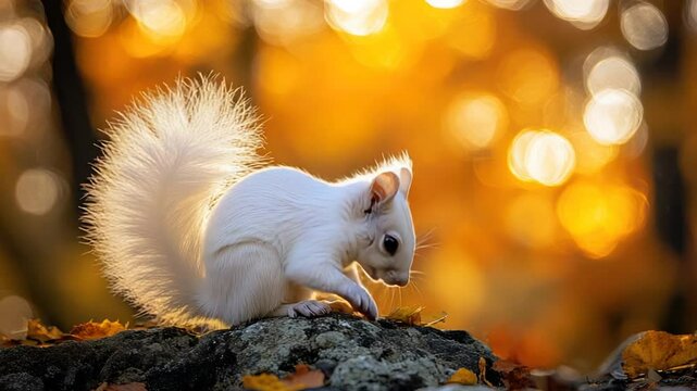 A pristine white squirrel perched atop a rock, bathed in golden sunlight