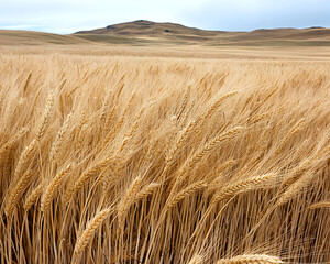 Golden wheat field swaying in breeze with rolling hills in background, evoking sense of calm and abundance