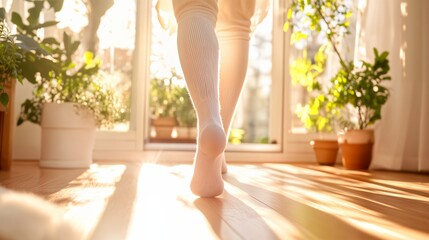 Woman in white socks walking on wooden floor with sun shining, feeling comfort and warmth at home, for barefoot concept.