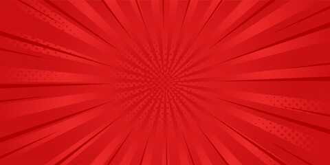 Fototapeta premium Red comic sunburst effect background with halftone. pop art comic-style vector background. Suitable for templates, sale banners, events, ads, web and pages