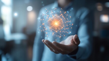 Person holding a glowing, digital sphere in their hand