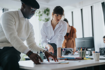 Business professionals collaborate in a modern office, discussing work and sharing ideas for...