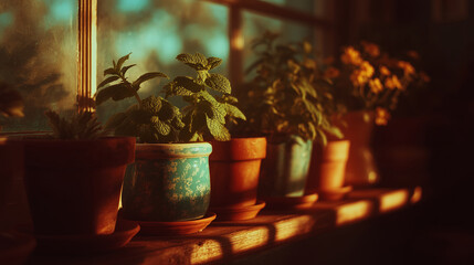 cozy flower pots on windowsill with golden sunset light – atmospheric photo ideal for home decor blogs, peaceful lifestyle content, or seasonal mood boards