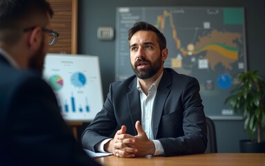 Documentary Photography of a financial advisor explaining the benefits of diversified investment portfolios, detailed charts and graphs in the background, warm office lighting. High quality