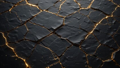 Striking texture showcases a dark, cracked surface with shining golden fissures, creating an abstract and artistic background.