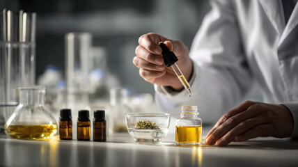 A lab technician blending essential oils in a modern laboratory, symbolizing the science behind natural skincare treatments