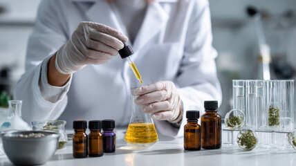 A lab technician blending essential oils in a modern laboratory, symbolizing the science behind natural skincare treatments