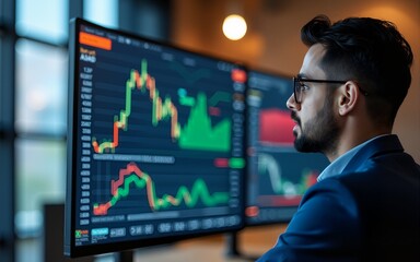 A side view of an investor looking at a large screen displaying market trends, with a specific focus on commodities as part of a diversified investment strategy. The modern office backdrop includes
