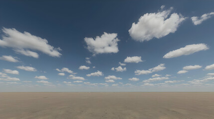 Wide open expanse of light beige desert under a partly cloudy, vibrant blue sky