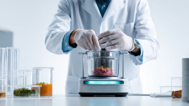 A lab technician mixing ingredients in a high-tech food processor, symbolizing the precision of modern food formulation