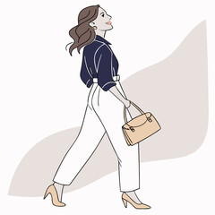 Stylish Woman Walking in Minimalist Line Art Illustration: Fashion, Modern, Elegant, Professional, Female