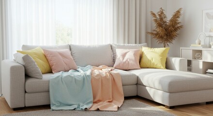 Pastel throw pillows and throws on light gray sectional sofa