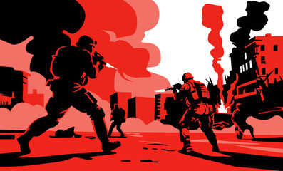 Urban Warfare Vector Illustration - Soldiers Fighting in Destroyed City