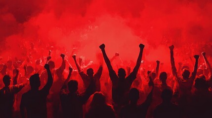 Fototapeta premium Crowd cheering in red smoke