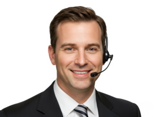 Smiling male customer service representative wearing a headset isolated on transparent background
