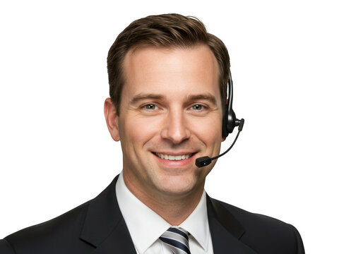 Smiling male customer service representative wearing a headset isolated on transparent background