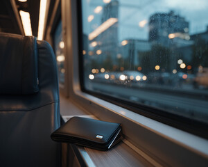Black leather wallet left behind on train windowsill by seat, rain-streaked city lights outside, symbol of lost property during travel
