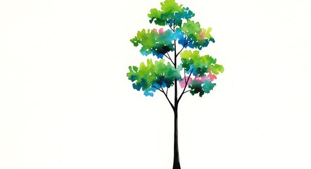 Watercolor tree illustration with colorful leaves on white background
