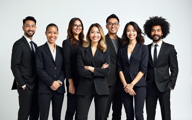 A diverse group of businesspeople poses for a professional team photo, exuding confidence and professionalism, while looking smart and impeccable. Generative AI. High quality