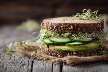 Fresh veggie sandwich on multigrain bread with avocado, cucumber, and sprouts, photographed on a rustic table with natural lighting