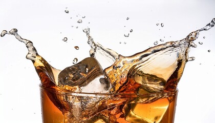 A dynamic splash of a cold drink with ice cubes, captured against a white background. The refreshing liquid and ice create an exciting visual, perfect for cocktail or beverage themed content. AI