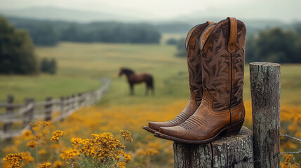 Brown leather cowboy boots on wooden fence post, blurred horse in background, western countryside scene, rustic mood 