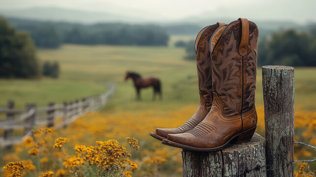 Brown leather cowboy boots on wooden fence post, blurred horse in background, western countryside scene, rustic mood 